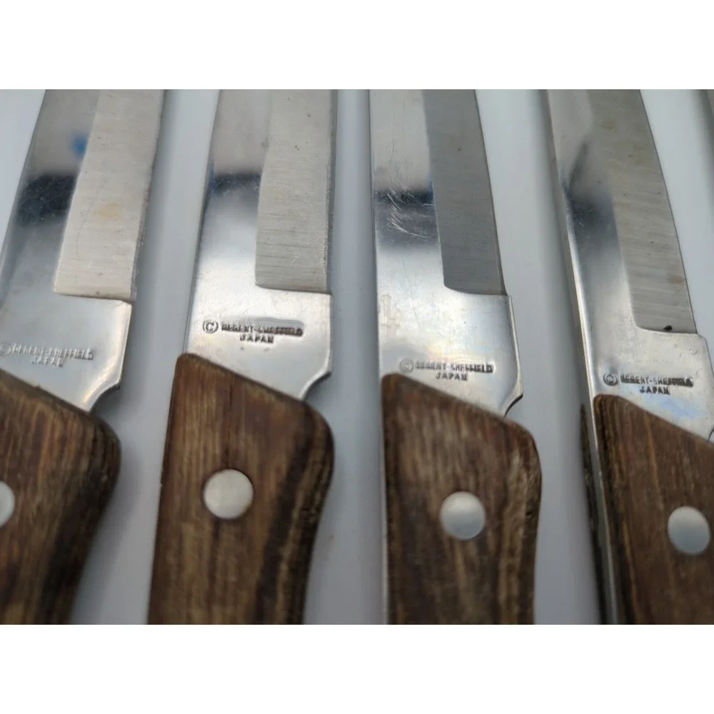 Vtg 5 Regent Swords Lightning Japan SS Steak Knives Full‎ Tang Wood Handle READ
